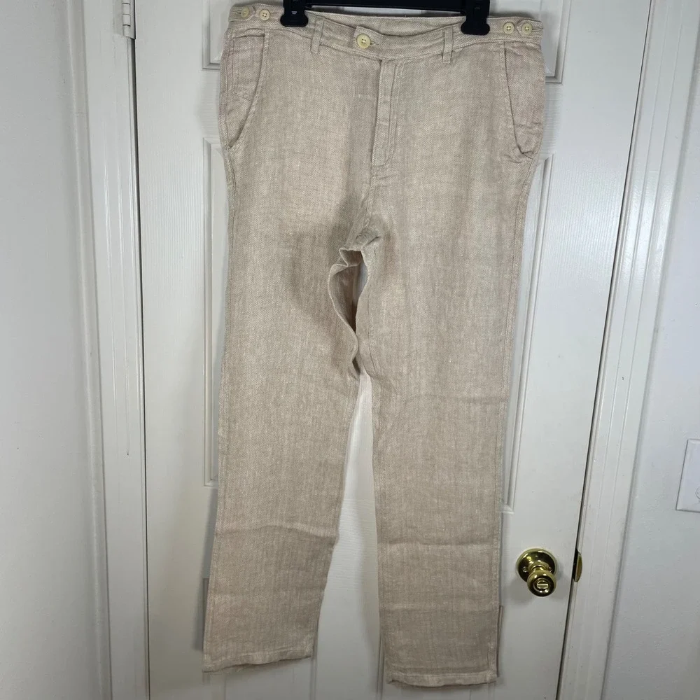 Corridor New York Mens 34 Herringbone Linen Trousers Beige Straight Leg Slacks